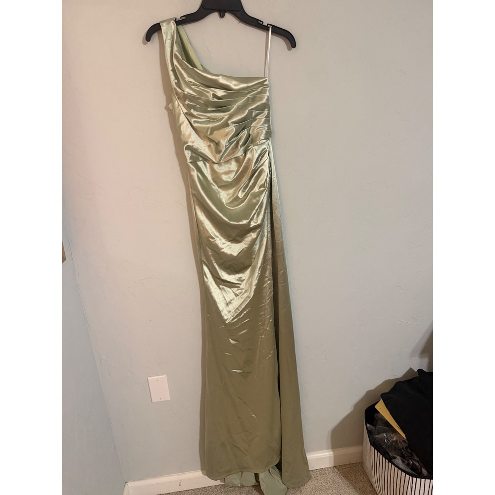 Ladyce Sage Green Satin One Shoulder Ruched Maxi Dress High Slit Formal Gown S